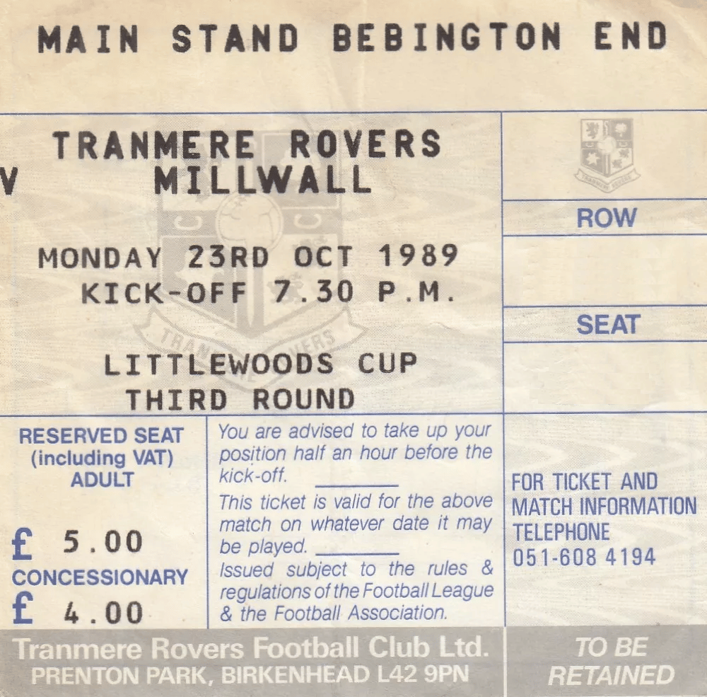 Tranmere Rovers v Millwall match ticket