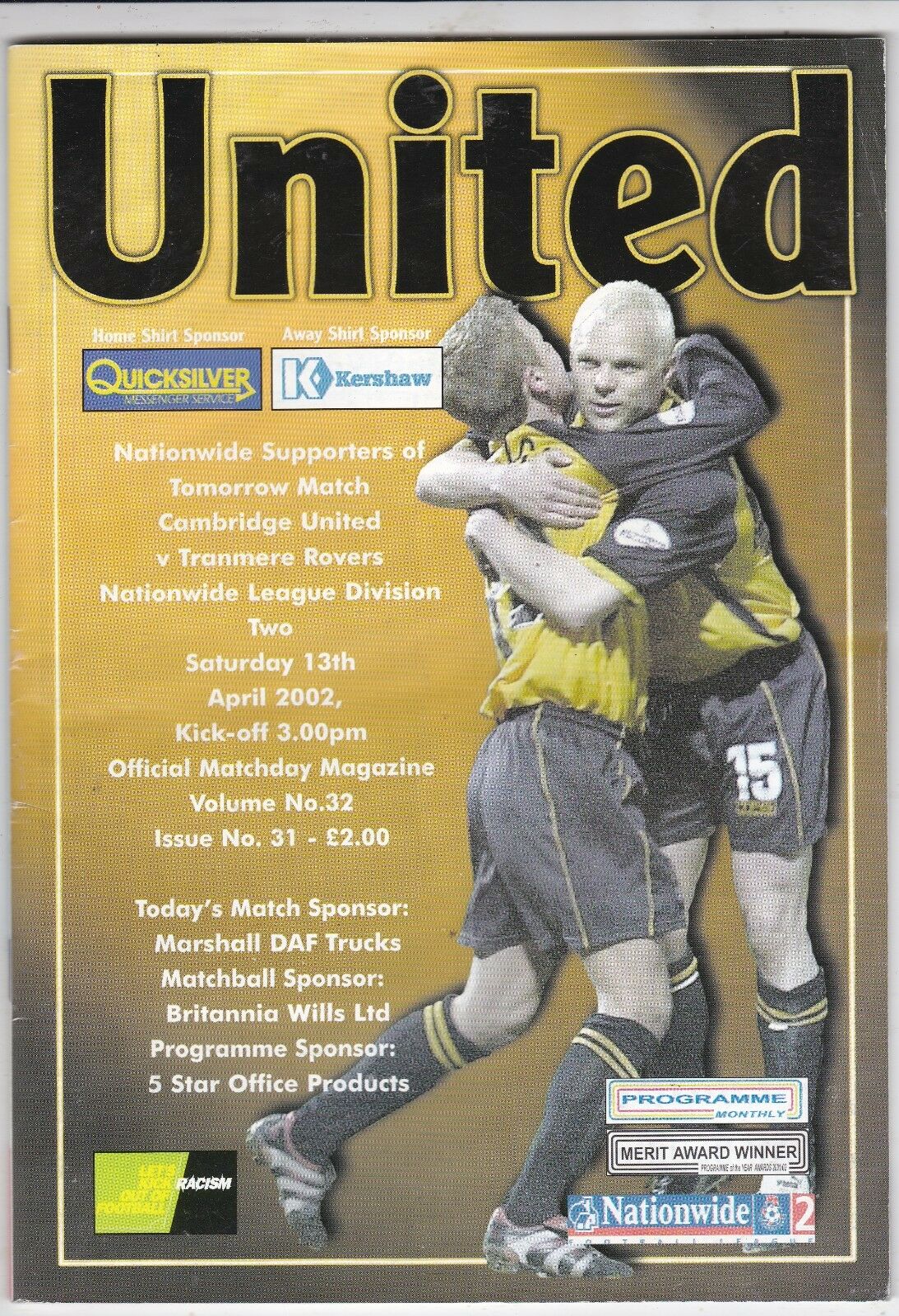 Cambridge United v Tranmere Rovers match programme