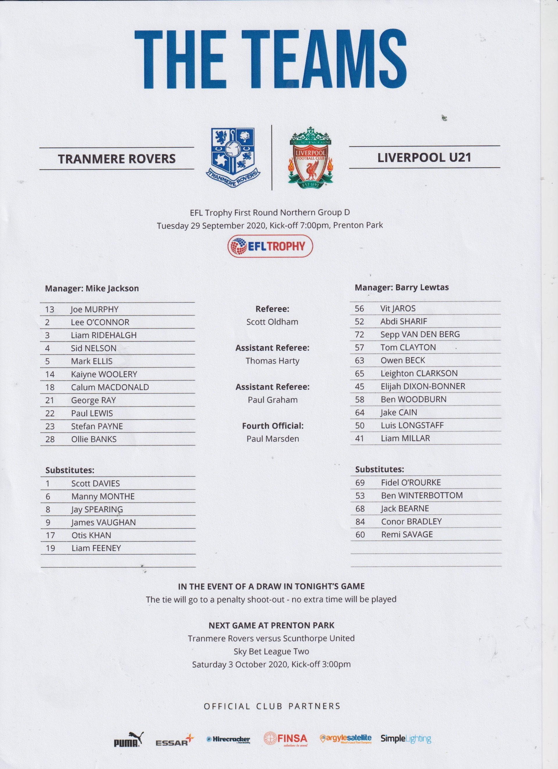Tranmere Rovers v Liverpool U21 match programme