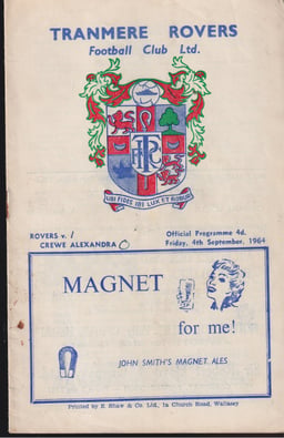 Tranmere Rovers v Crewe Alexandra Match Programme 1964-09-04