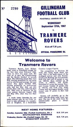 Gillingham v Tranmere Rovers Match Programme 1967-09-27