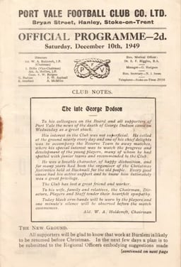 Port Vale v Tranmere Rovers Match Programme 1949-12-10