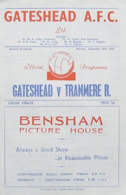 Gateshead v Tranmere Rovers Match Programme 1954-09-27