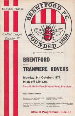 Brentford v Tranmere Rovers Match Programme 1972-10-09