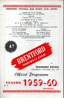 Brentford v Tranmere Rovers Match Programme 1959-10-10
